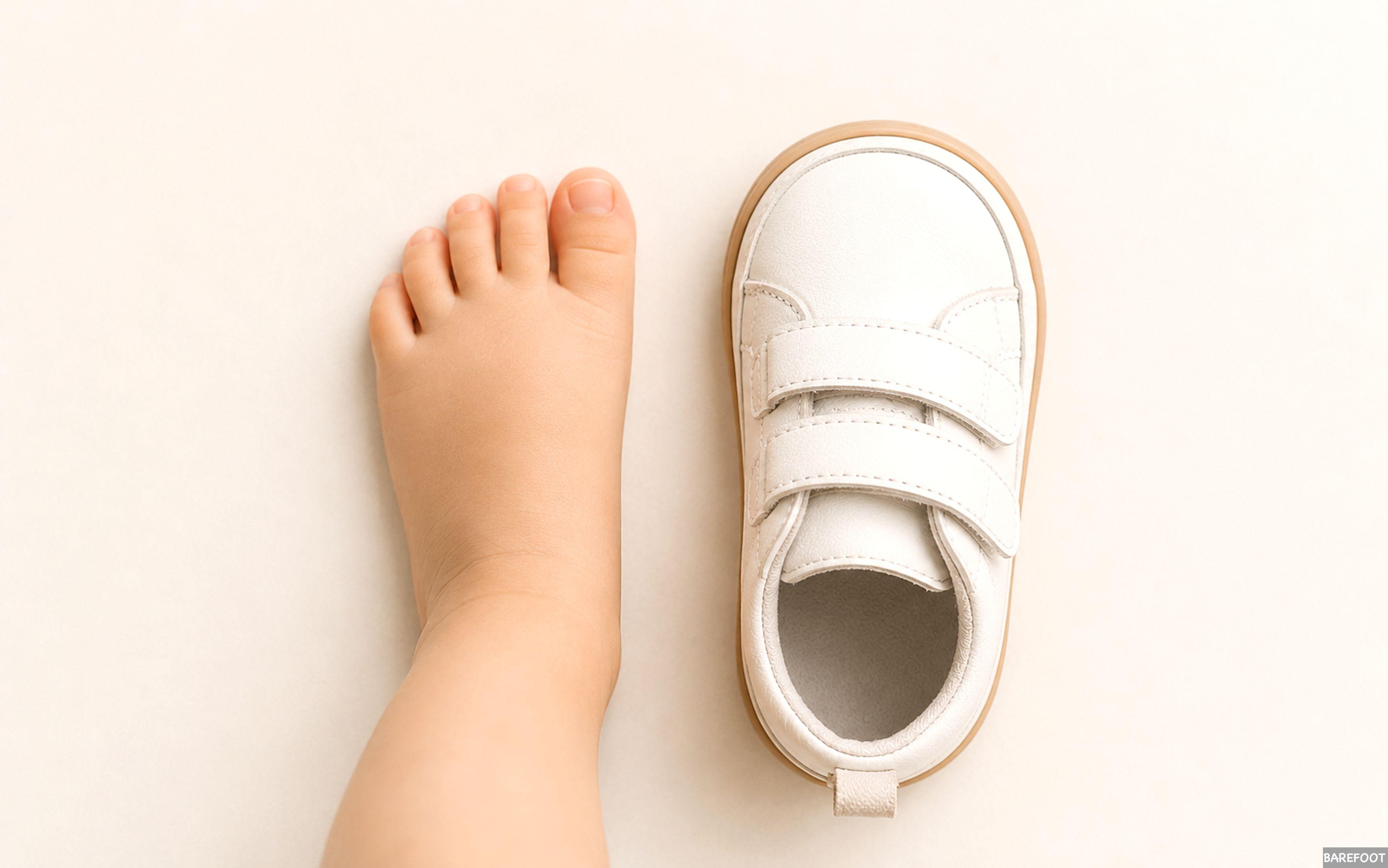 Pie infantil descalzo junto a un zapato barefoot con forma natural