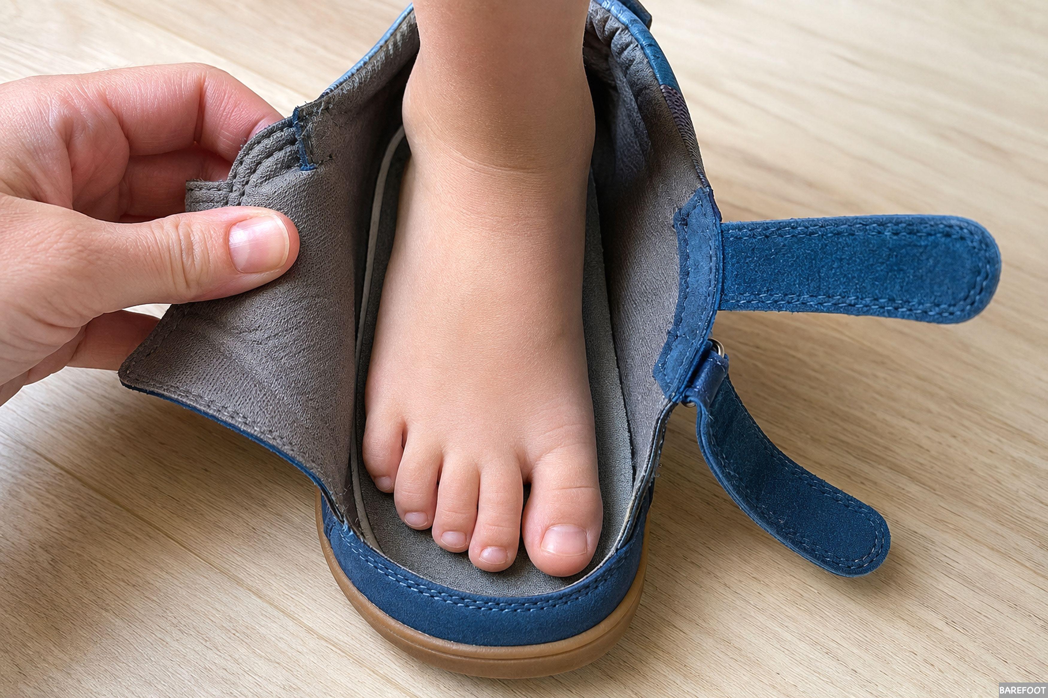 Adulto comprobando el espacio interior de un zapato infantil