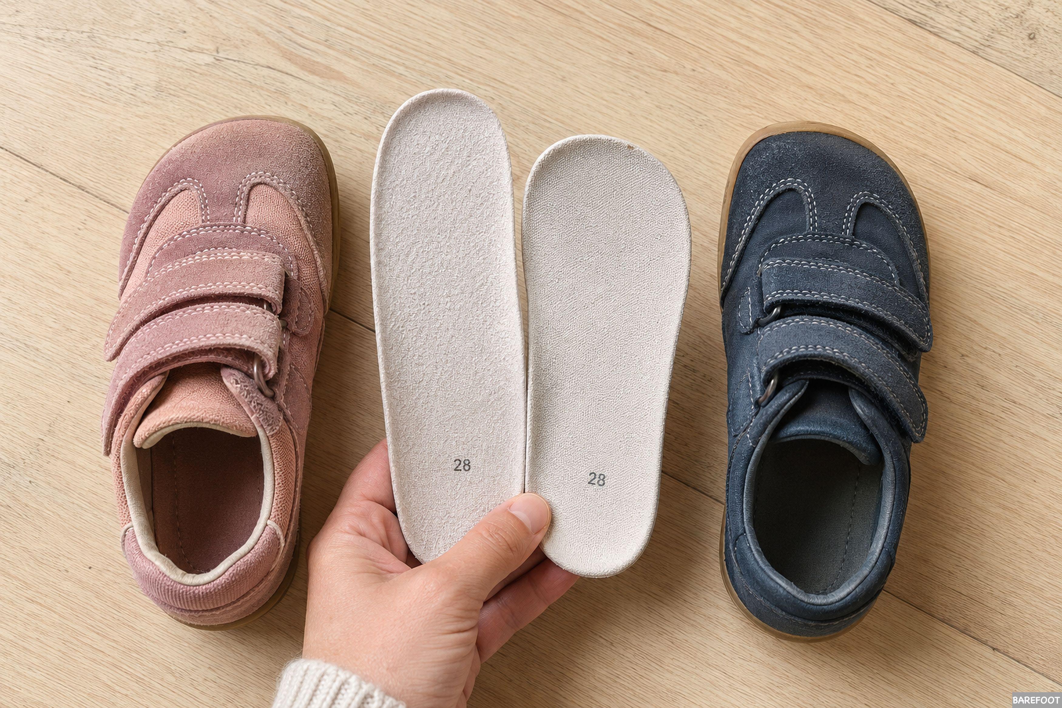 Dos zapatos infantiles y sus plantillas con formas diferentes